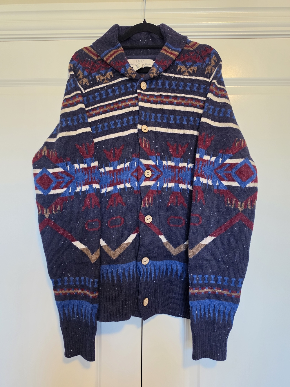 H&M L.O.G.G. WOOL BLEND SOUTHWESTERN AZTEC SHAWL COLLAR CARDIGAN — SIZE M